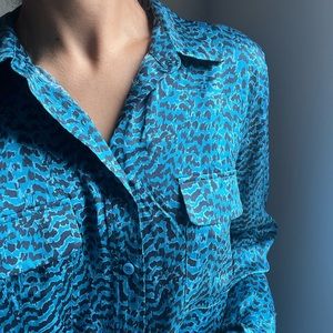 Vintage Silk Long Blue Printed Blouse